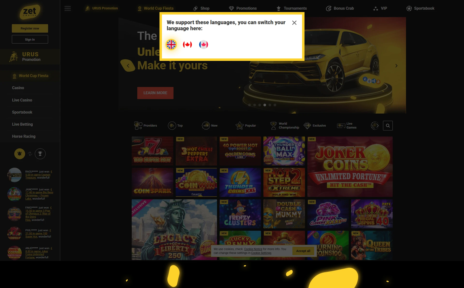 Zetcasino Casino interface d'inscription